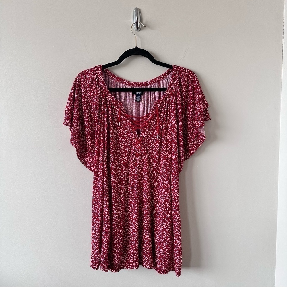 CHAPS-FLORAL Peasant Lace Up Detail Blouse (Size:1X)